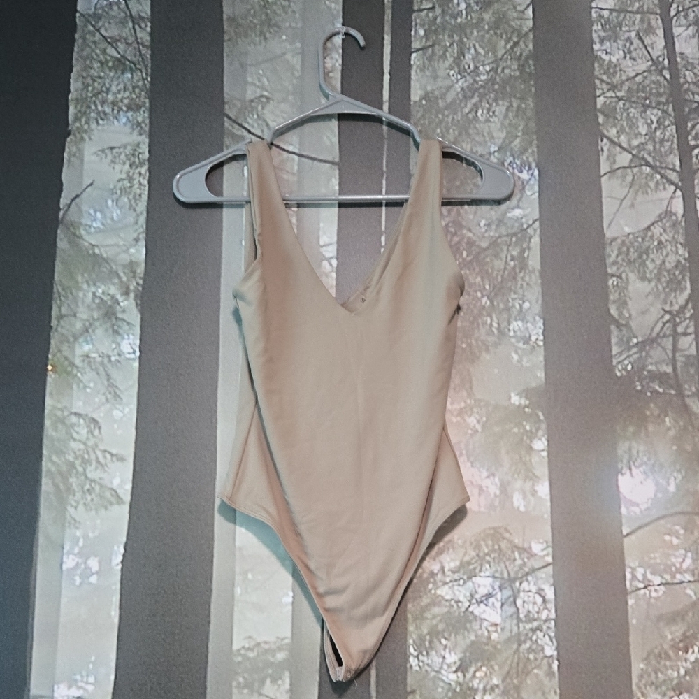 Tan Fitted Plunging V Neck Bodysuit